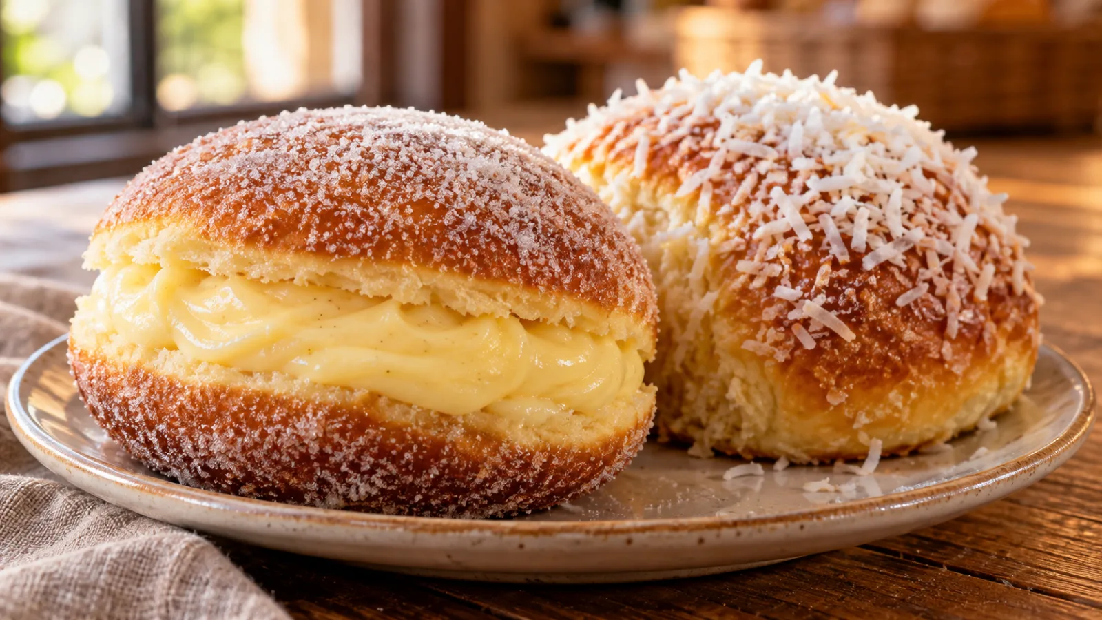 Sonho recheado com creme e pão doce com coco