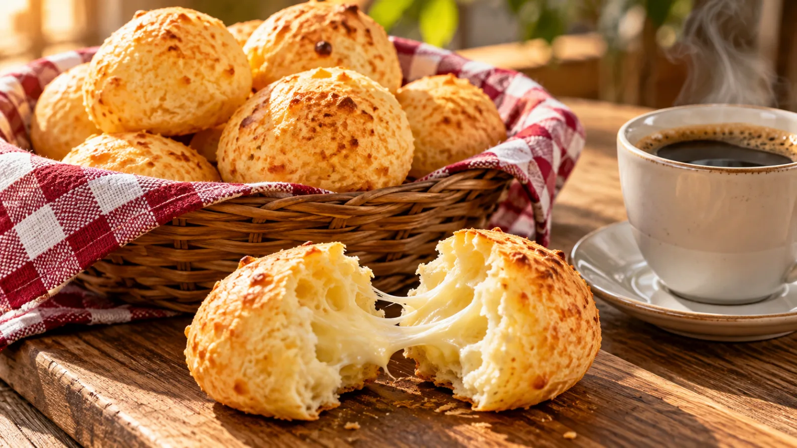 Pães de queijo quentinhos, um partido ao meio
