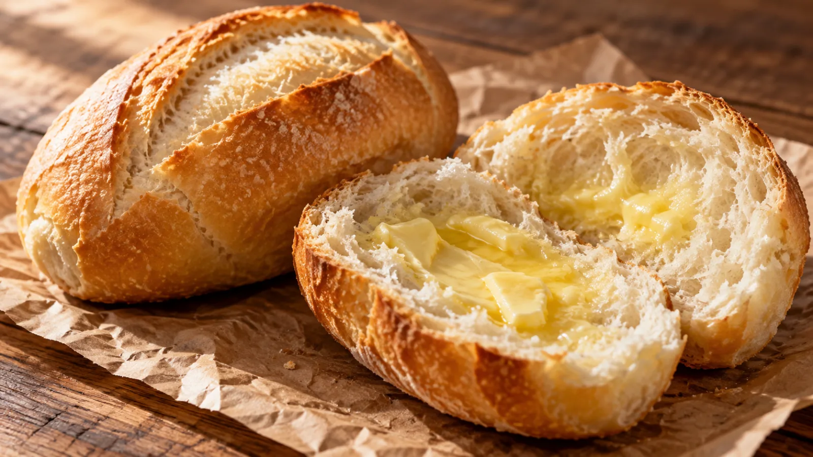 Pão francês aberto com manteiga derretendo